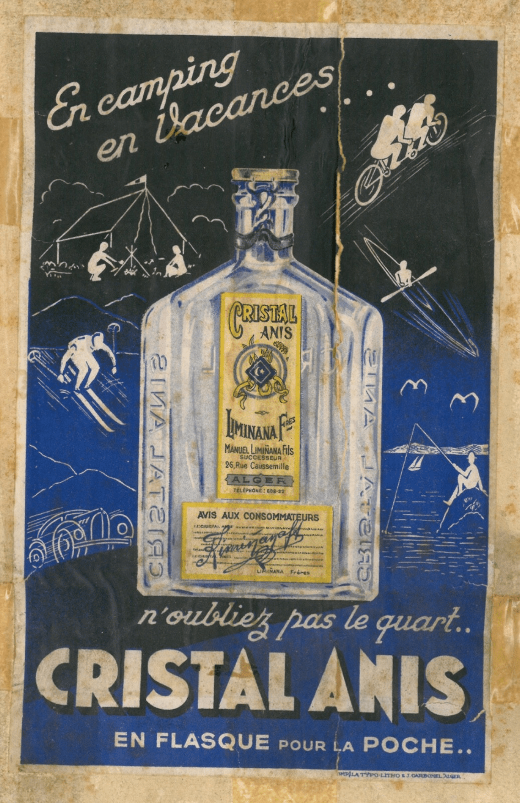 Affiche « Cristal Anis, en flasque pour la poche », Liminana Frères, 26 rue Caussemille, Alger (annonce eBay archivée).