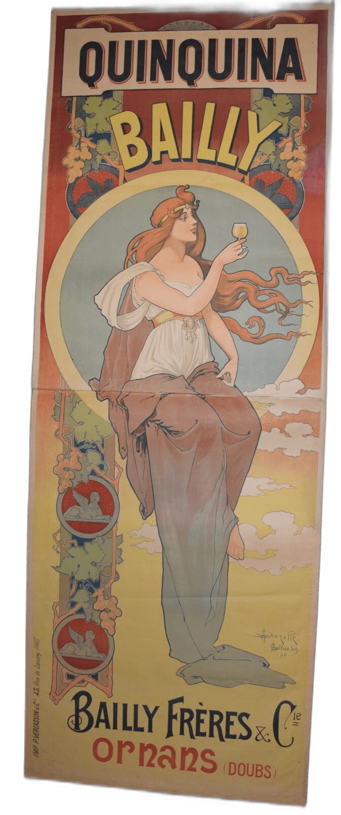 Affiche « Quinquina Bailly », Bailly Frères & Cie, Ornans (Doubs), imprimerie P. Vercasson & Cie, Paris, vers 1900 (annonce eBay archivée).