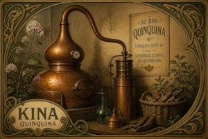 Illustration : alambic de cuivre, écorces de quinquina, mention « Kina Quinquina, tonique & apéritif »
