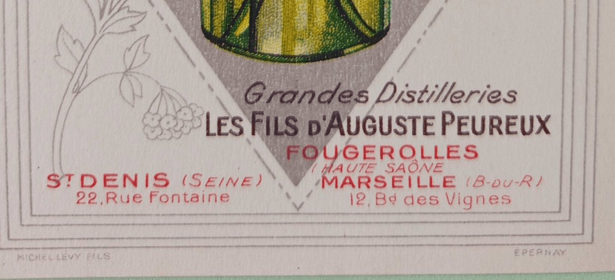 Carte publicitaire « Un Peureux », Grandes Distilleries Les Fils d'Auguste Peureux, Fougerolles (Haute-Saône) — dépôts à Saint-Denis et Marseille (annonce eBay archivée).