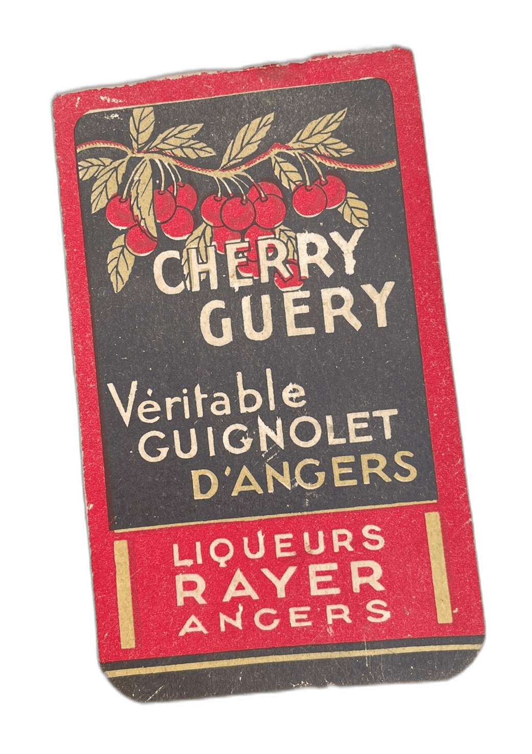 Carton publicitaire Art déco « Cherry Guéry / Véritable Guignolet d'Angers / Liqueurs Rayer, Angers » (annonce eBay archivée).