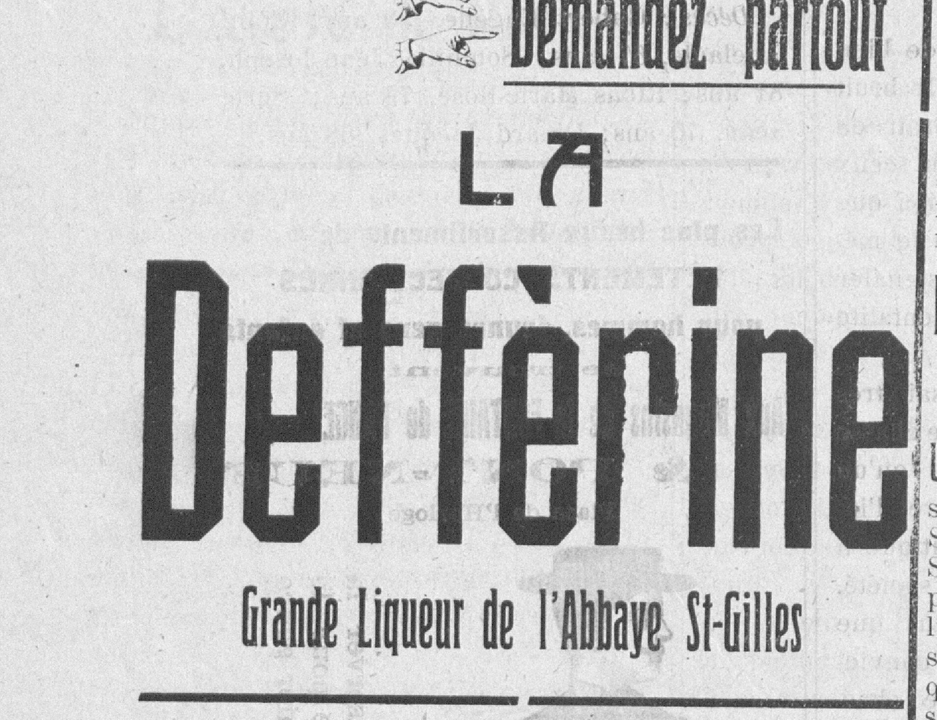 Encart « Demandez partout LA Deffèrine, Grande Liqueur de l'Abbaye St-Gilles » (Germinal, journal de Carpentras, 6 avril 1913 — Gallica/BnF, archive).