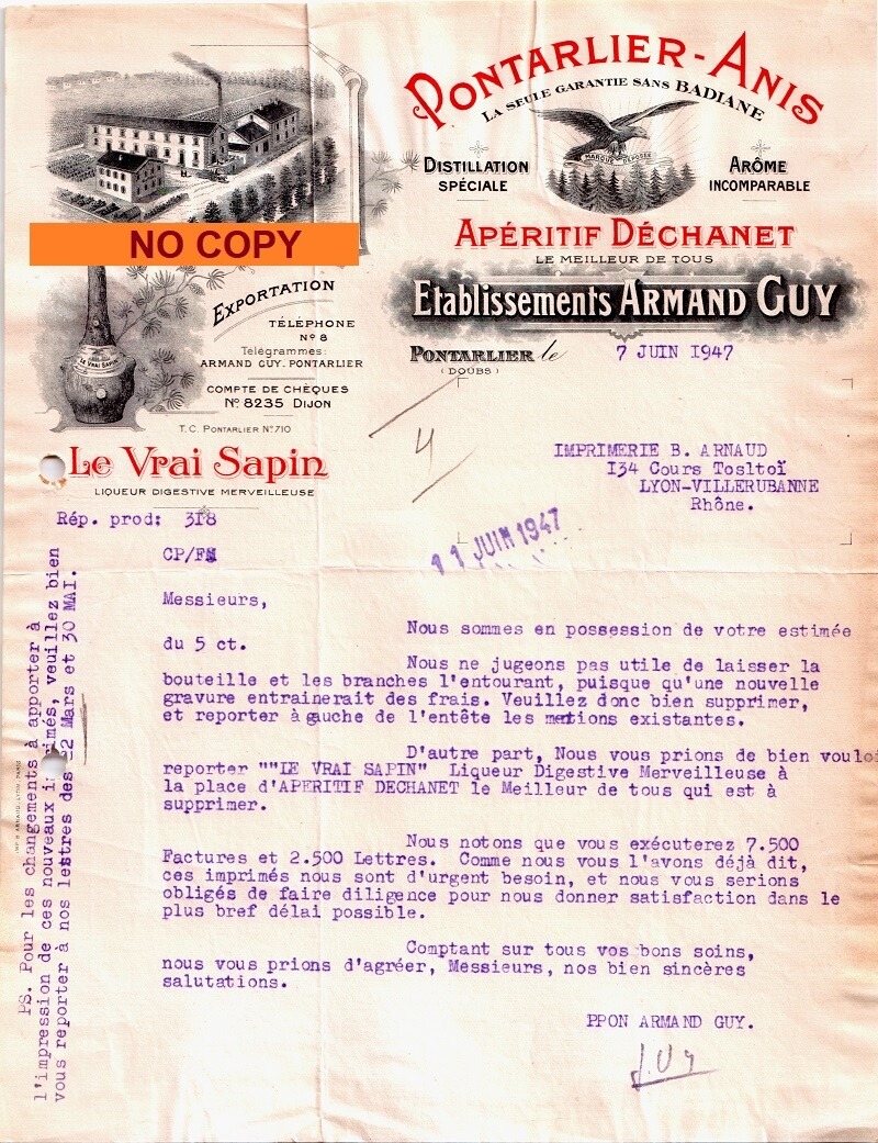 Document commercial des Établissements Armand Guy, Pontarlier, 7 juin 1947 (annonce eBay archivée).