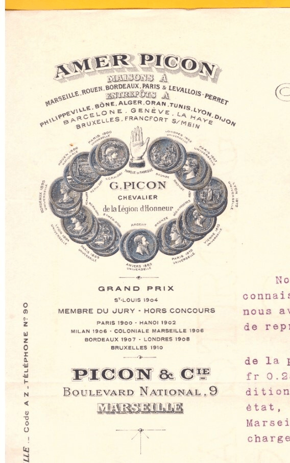 En-tête de correspondance commerciale Picon & Cie, Marseille, 14 août 1915 (annonce eBay archivée).