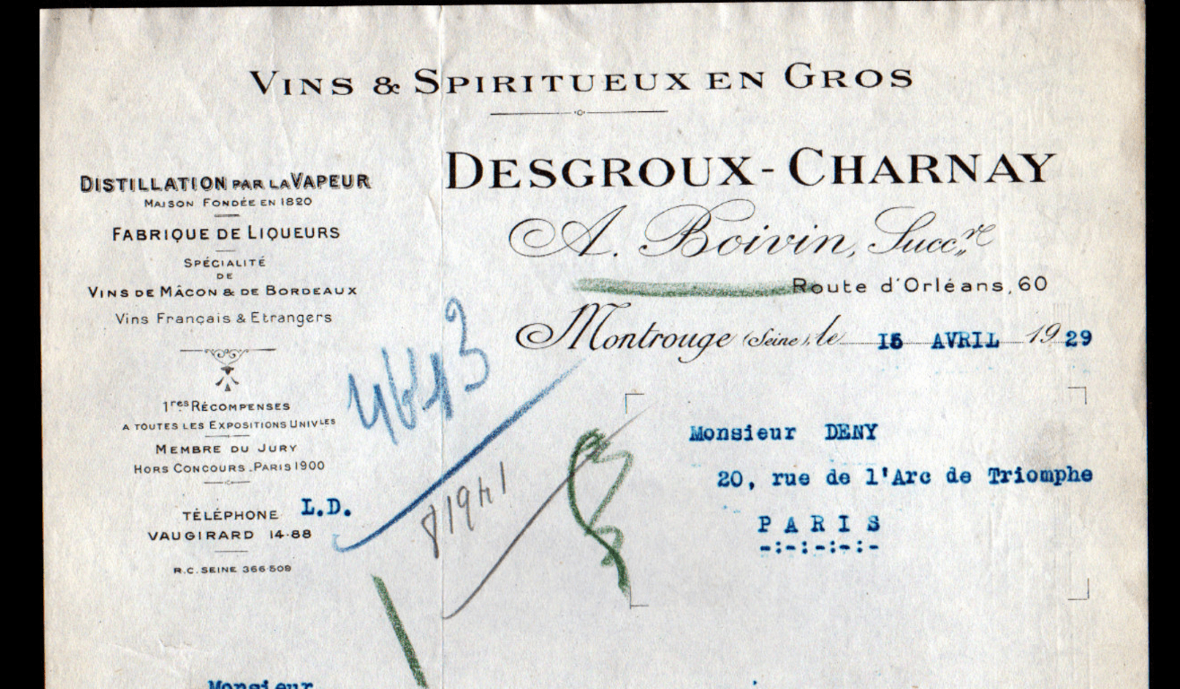 En-tête de correspondance de la maison Desgroux-Charnay, 15 avril 1929 (annonce eBay archivée).