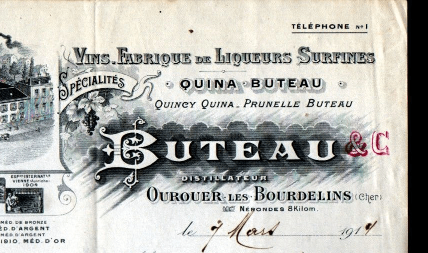 En-tête de facture « Buteau & Cie, distillateur », Ourouer-les-Bourdelins (Cher), 7 mars 1914 (annonce eBay archivée).