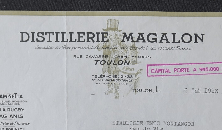 En-tête de facture de la Distillerie Magalon, Toulon, 6 mai 1953 (annonce eBay archivée).