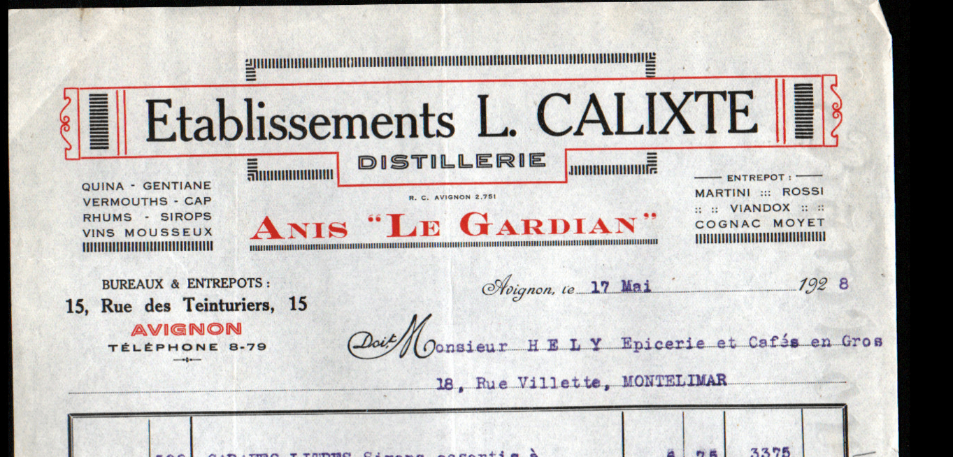 En-tête de facture, Établissements L. Calixte, Avignon, 17 mai 1928 (annonce eBay archivée).