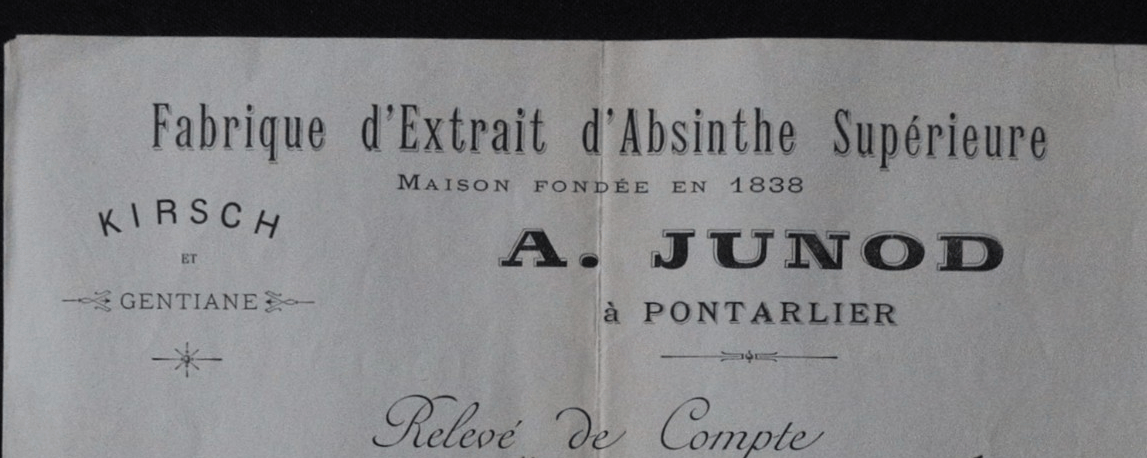 En-tête de facture, « Fabrique d'Extrait d'Absinthe Supérieure — Maison fondée en 1838 — A. Junod à Pontarlier », 1901 (annonce eBay archivée).