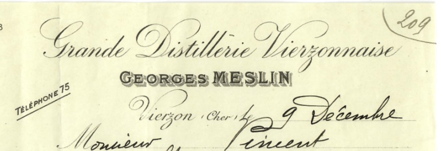 En-tête de facture, Grande Distillerie Vierzonnaise, Georges Meslin, Vierzon (Cher), vers 1915-1918 (annonce eBay archivée).