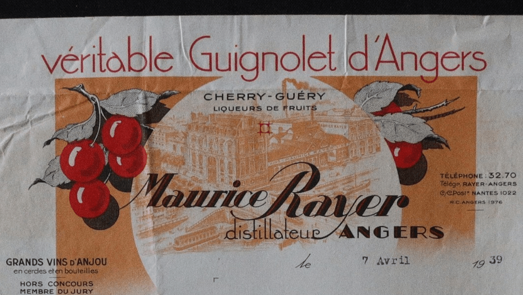 En-tête de facture Maurice Rayer, distillateur à Angers, 7 avril 1939 (annonce eBay archivée).