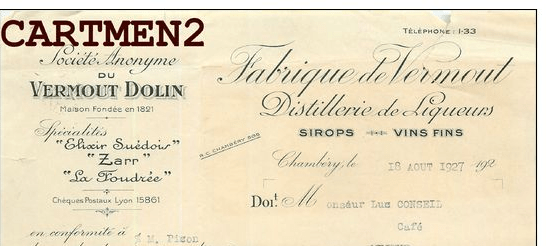 En-tête de facture, Société Anonyme du Vermout Dolin, Chambéry, 16 août 1927 (annonce Delcampe archivée).