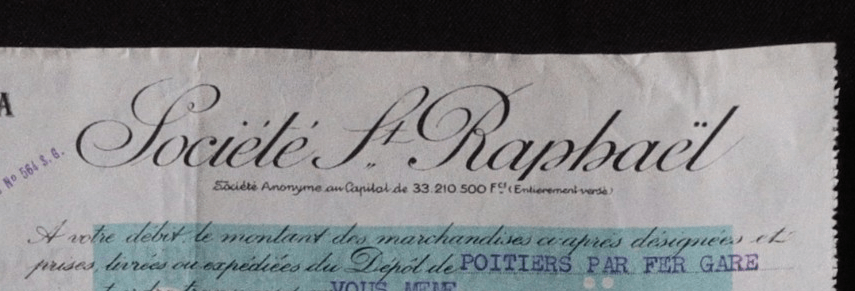 En-tête de facture « Société St Raphaël », 1942, 8 rue du Parc-Royal, Paris (annonce eBay archivée).