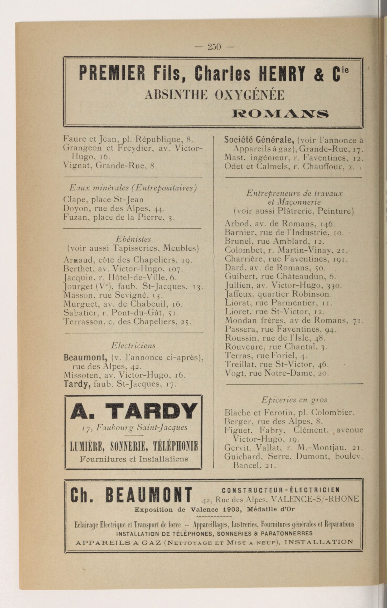 Encart publicitaire, Annuaire D.-D. commercial et industriel de la Drôme, vers 1904 (Gallica/BnF).