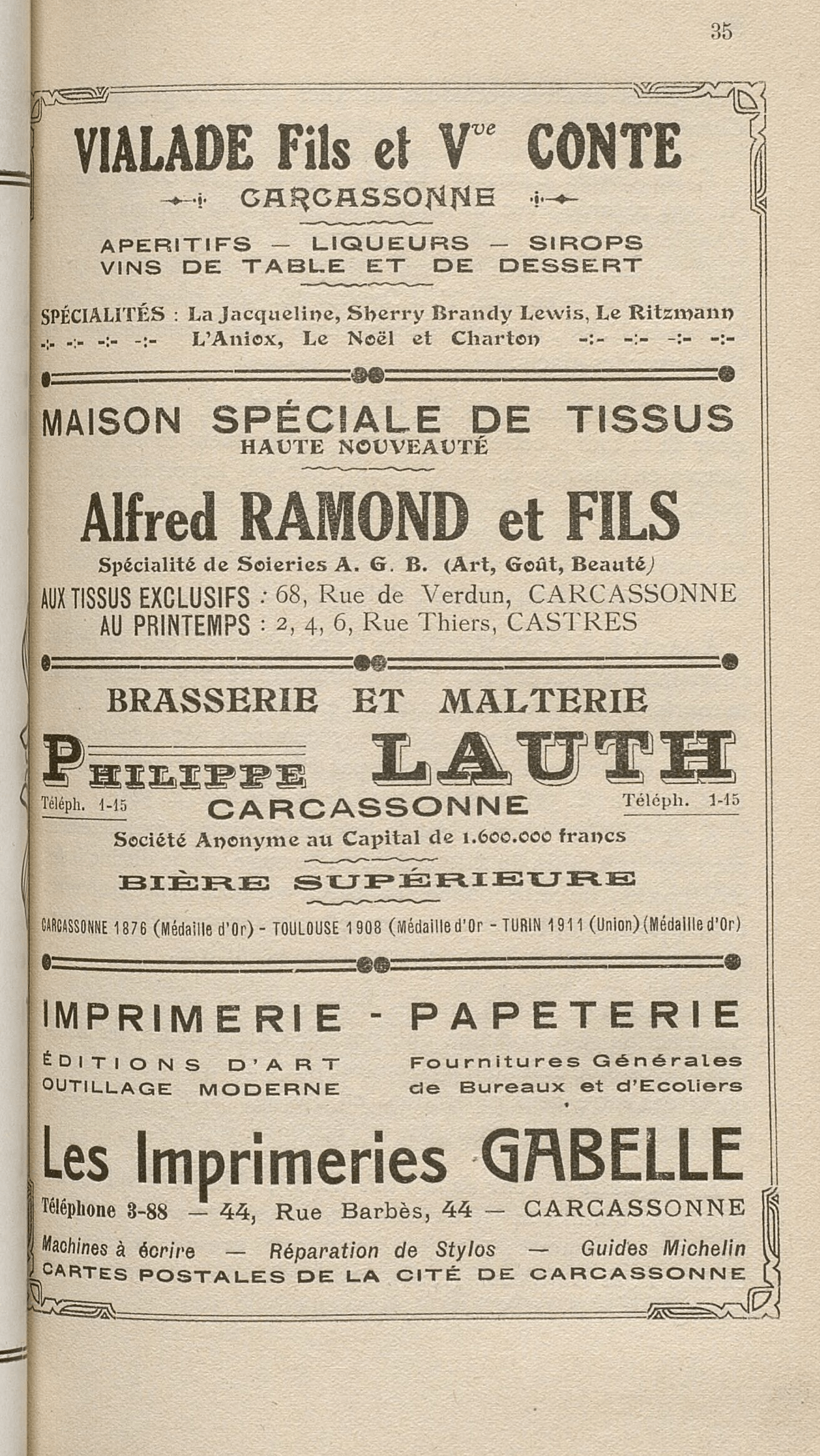 Encart publicitaire Vialade fils et Veuve Conte, listant L'Aniox parmi ses spécialités (guide touristique de Carcassonne, 1929, Gallica/BnF).