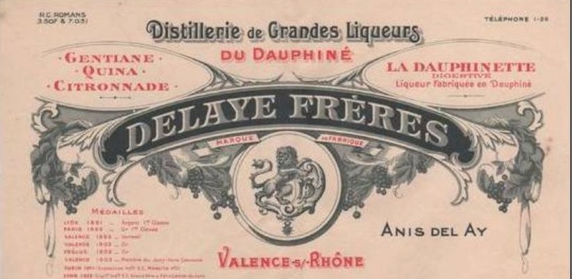En-tête commercial de Delaye Frères, distillerie de grandes liqueurs du Dauphiné à Valence