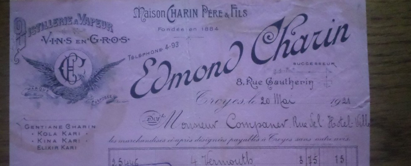 En-tête d'Edmond Charin, Grande Distillerie de Champagne à Troyes