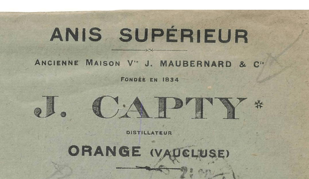Enveloppe commerciale, J. Capty, distillateur, Orange (Vaucluse) (annonce eBay archivée).