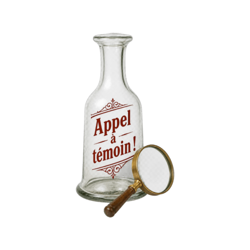 Carafe gravée « Appel à témoin ! » accompagnée d'une loupe