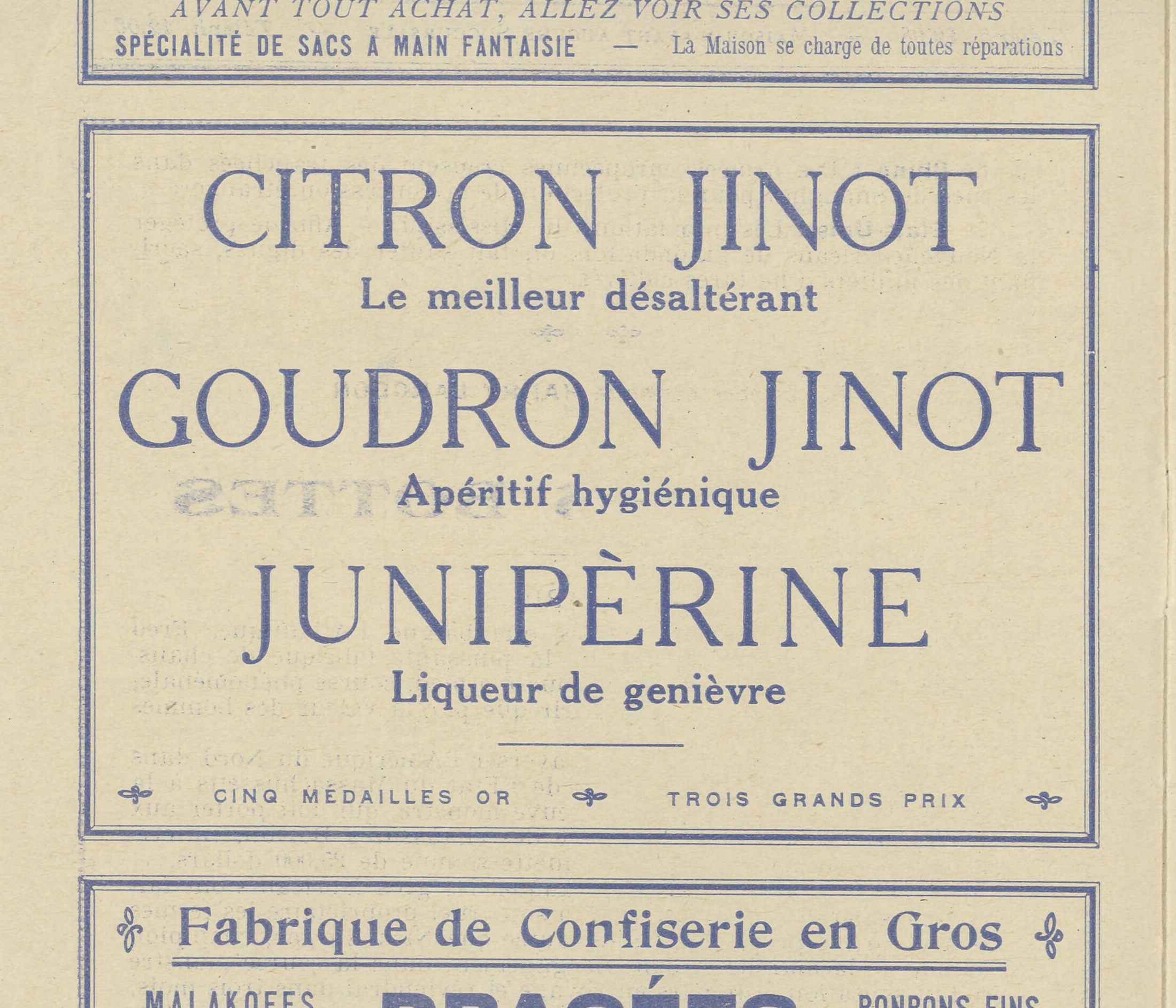 Publicité pour le Citron Jinot et le Goudron Jinot (Kursaal gazette, Saint-Étienne, 20 mai 1927, Gallica/BnF).