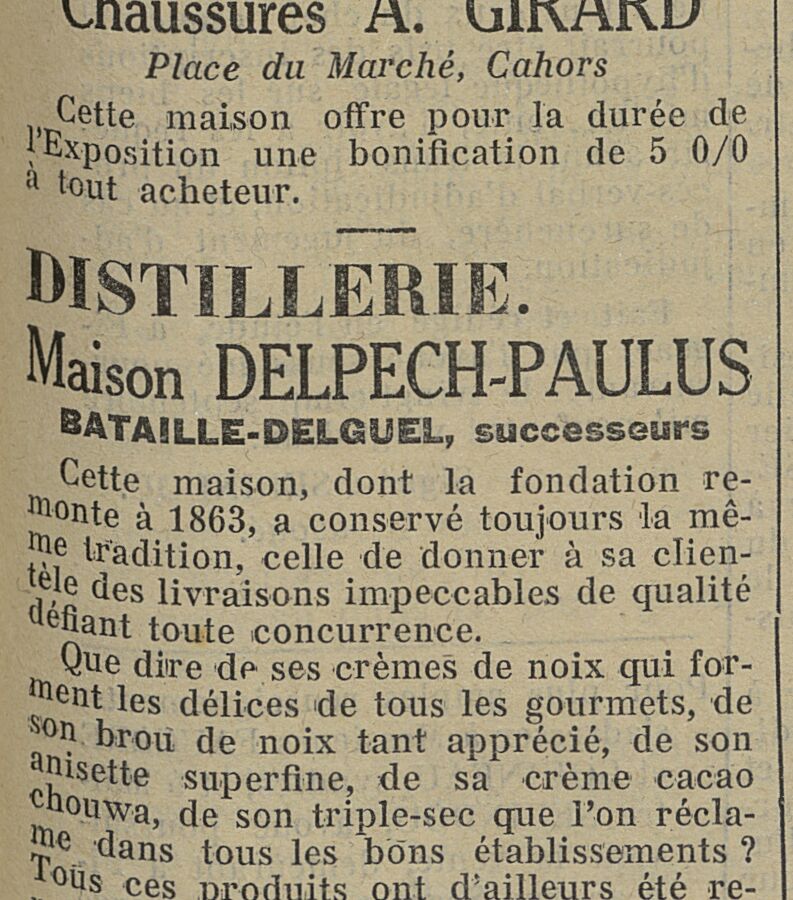 Réclame « Distillerie. Maison Delpech-Paulus, Bataille-Delguel, successeurs » (Journal du Lot, 1er octobre 1922, Gallica / BnF).