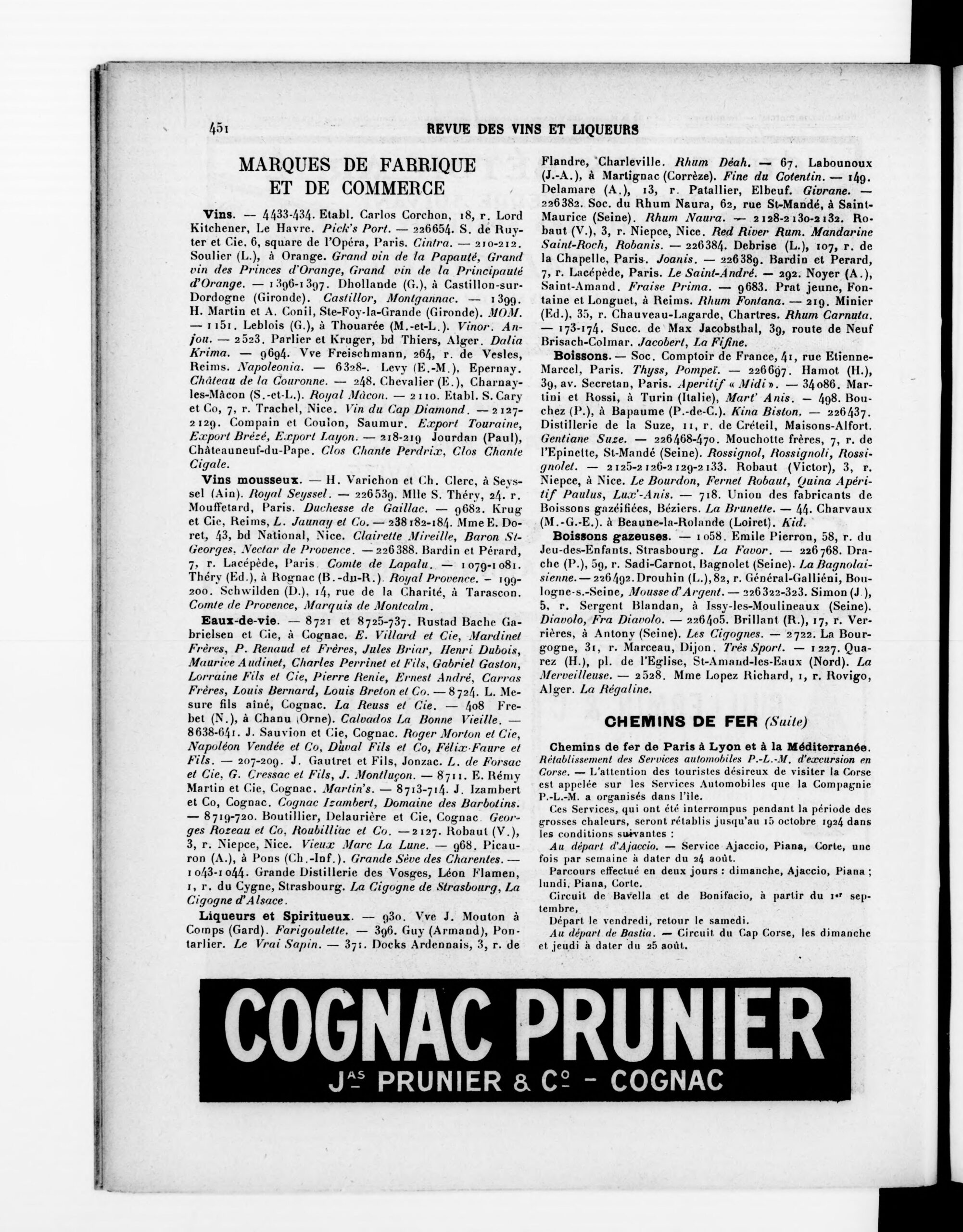 Registre des marques de fabrique et de commerce, Revue des vins et liqueurs et des produits alimentaires pour l'exportation, 30 septembre 1924, p.451 (Gallica/BnF).