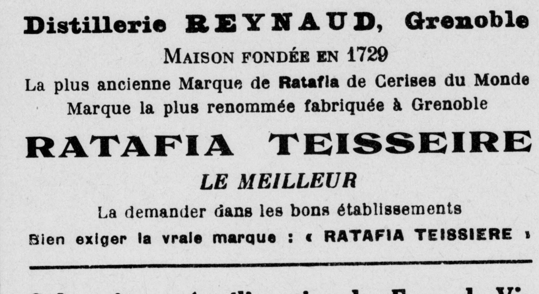 Réclame « Distillerie Reynaud, Grenoble » pour le Ratafia Teisseire (La Grande revue des vins et alcools, 15 janvier 1931 — Gallica/BnF).