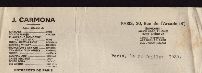 En-tête de correspondance commerciale de Jacques Carmona, agent général en vins et spiritueux à Paris, citant « Porto Beira » parmi les marques représentées, 24 juillet 1939 (annonce eBay archivée).