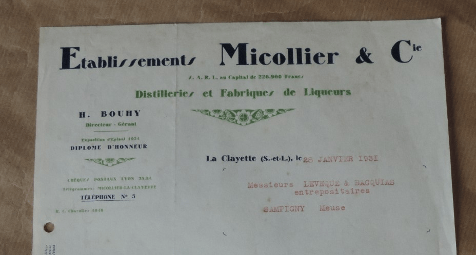 En-tête de facture, Établissements Micollier & Cie, La Clayette, 28 janvier 1931 (annonce eBay archivée).