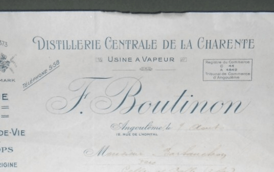 En-tête de facture, F. Boutinon, Distillerie Centrale de la Charente, Angoulême (annonce eBay archivée).
