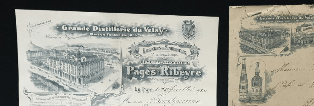 En-tête de facture, Grande Distillerie du Velay (Pagès-Ribeyre, successeur de Rumillet-Charretier), 10 juillet 1920 (annonce eBay archivée).