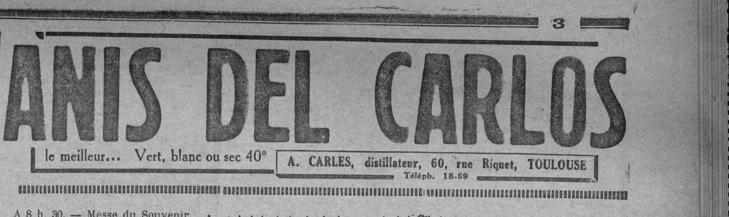 Encart publicitaire « Anis del Carlos — le meilleur — A. Carles, distillateur, 60 rue Riquet, Toulouse » (Le Midi socialiste, 18 juin 1933, page 3 — Gallica/BnF, source archivée).
