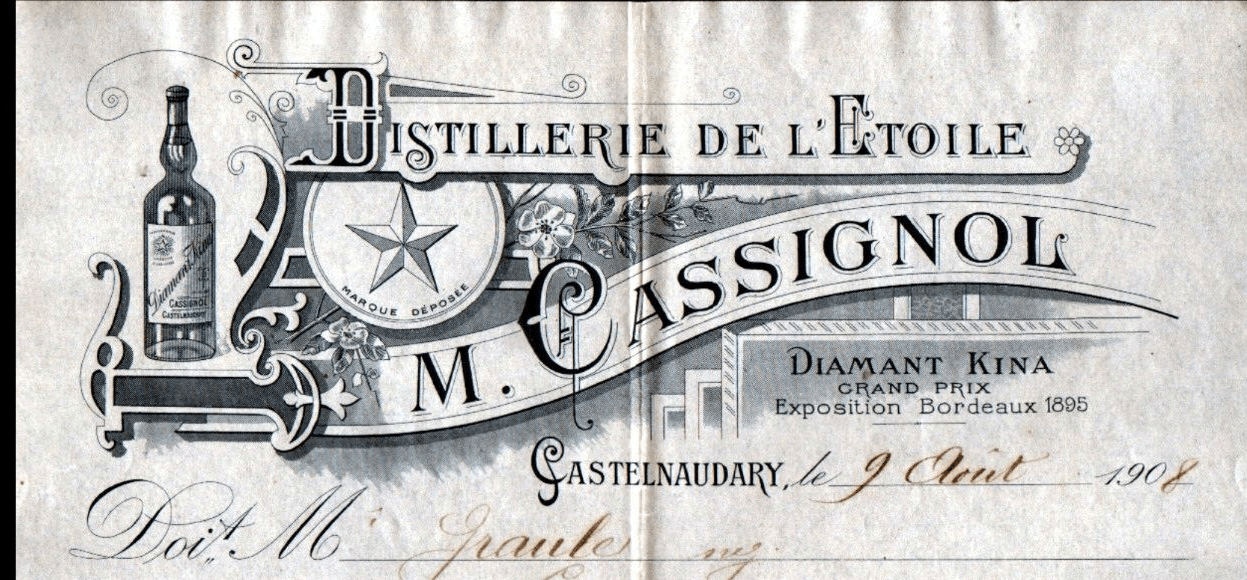 Facture à en-tête, Distillerie de l'Étoile, M. Cassignol, 9 août 1908 (annonce eBay archivée).