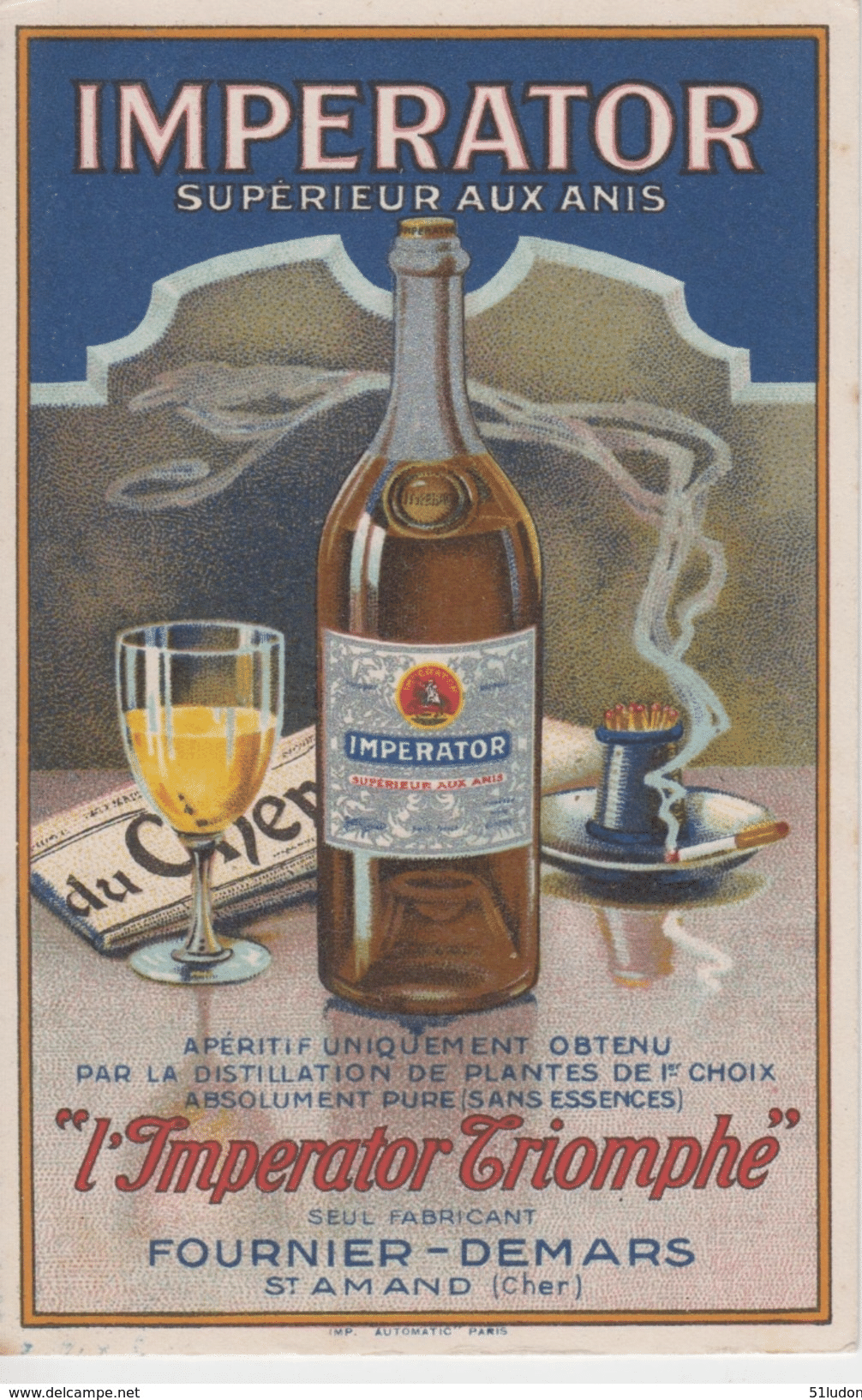 Carte publicitaire « Imperator, supérieur aux anis », Fournier-Demars, Saint-Amand (annonce de collection archivée).