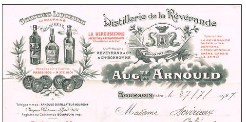 En-tête de facture de la distillerie Auguste Arnould, Bourgoin, 1927 (annonce Delcampe archivée).