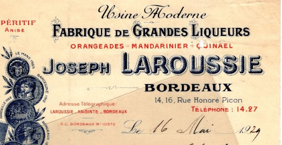 En-tête de facture de la fabrique Joseph Laroussie, Bordeaux, 16 mai 1929 (pièce archivée).