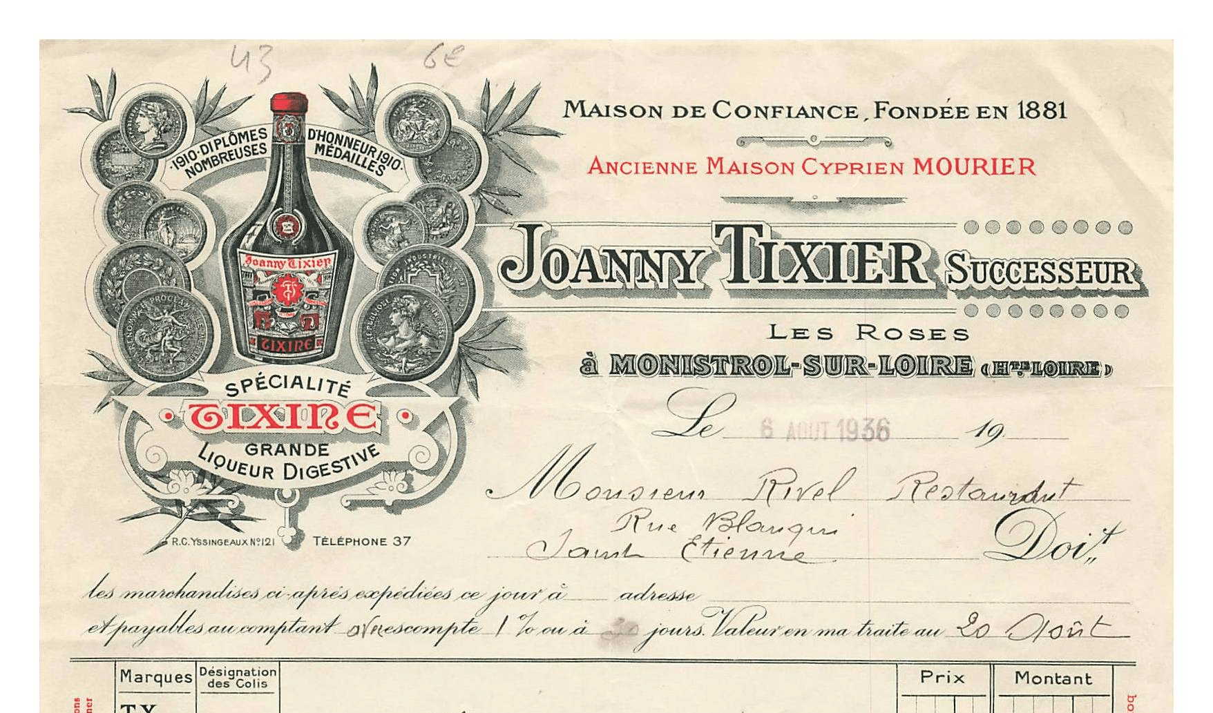 En-tête de facture de la maison Joanny Tixier, 6 août 1936 (annonce eBay archivée).