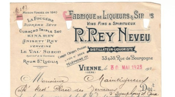 En-tête de facture de R. Rey Neveu, Vienne, 30 mai 1923 (annonce Delcampe archivée).