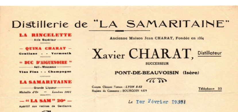 En-tête de lettre de la Distillerie de La Samaritaine (maison Xavier Charat), Pont-de-Beauvoisin, février 1930 ou 1938 (pièce archivée).