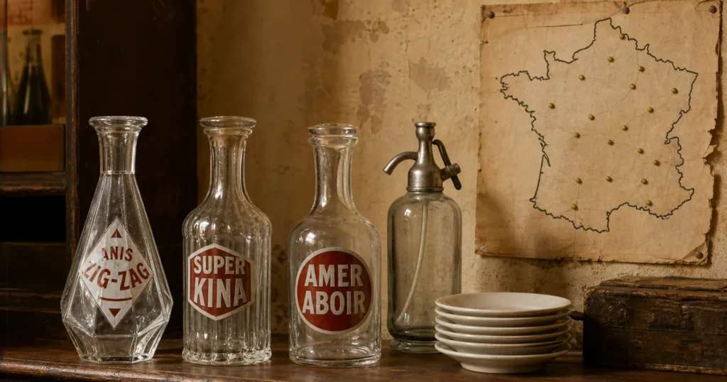 Trois carafes de bistrot anciennes, un siphon et des soucoupes sur un comptoir en bois, devant une carte de France piquée d'épingles vert-jaune.
