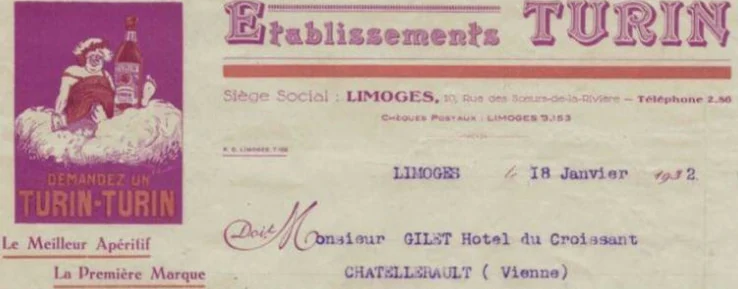 En-tête de facture des Établissements Turin à Limoges, 1932 : « Demandez un Turin-Turin, le meilleur apéritif »